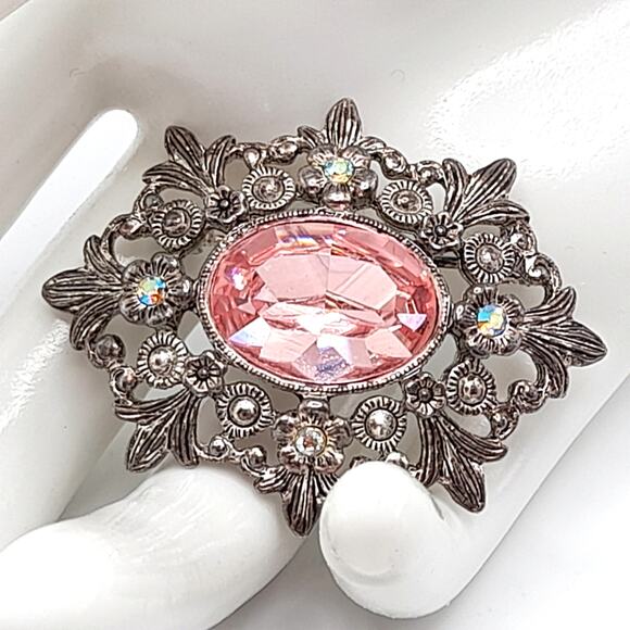 Vintage 1928 Co Pink Rhinestone Brooch, White Enamel Back, AB Rhinestones, 1980s - Picture 4 of 9